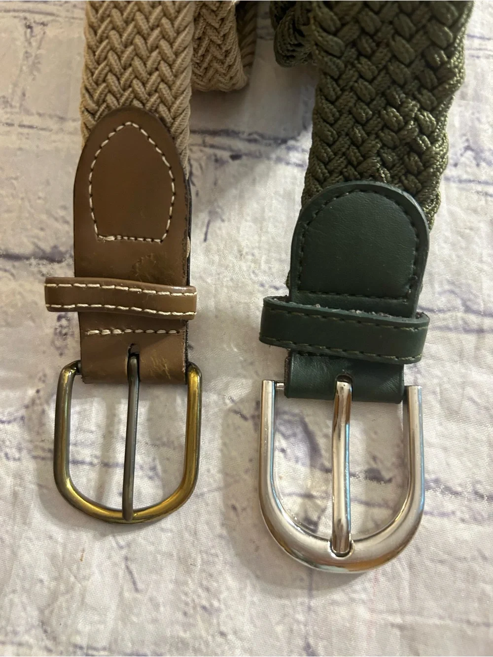 LOT OF (2) STRETCH BELTS OLIVE GREEN AND TAN SILVER TONE & ANTIQUE BUCKLES MEN